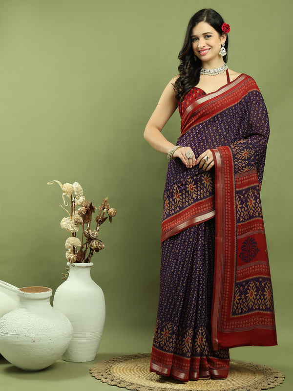 Jyoti Fashion Women's Violet Silk Blend Ikat Floral Print with Jari Border Saree with Blouse - Distacart