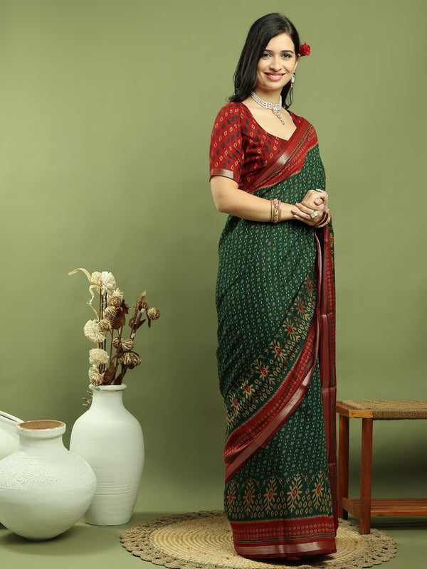 Jyoti Fashion Women's Green Silk Blend Ikat Floral Print with Jari Border Saree with Blouse - Distacart
