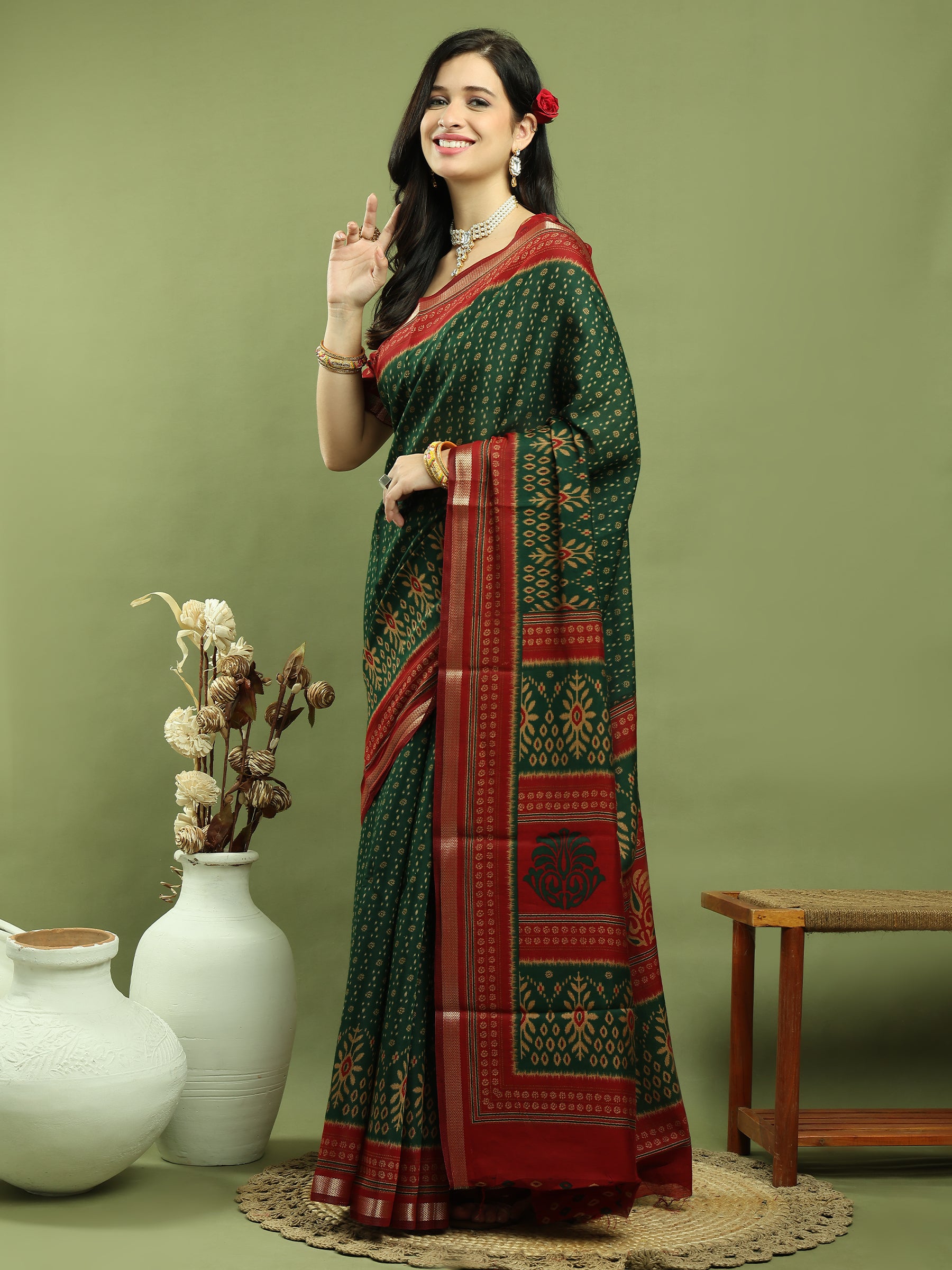Jyoti Fashion Women's Green Silk Blend Ikat Floral Print with Jari Border Saree with Blouse - Distacart