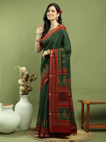 Thumbnail for Jyoti Fashion Women's Green Silk Blend Ikat Floral Print with Jari Border Saree with Blouse - Distacart