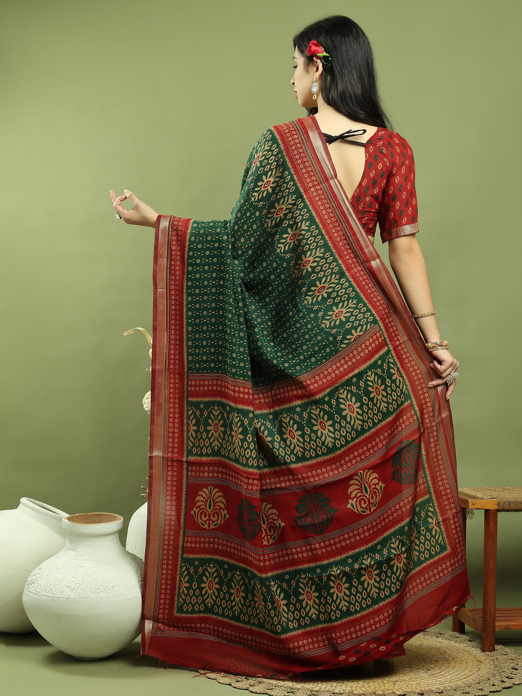 Jyoti Fashion Women's Green Silk Blend Ikat Floral Print with Jari Border Saree with Blouse - Distacart