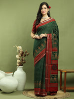 Thumbnail for Jyoti Fashion Women's Green Silk Blend Ikat Floral Print with Jari Border Saree with Blouse - Distacart