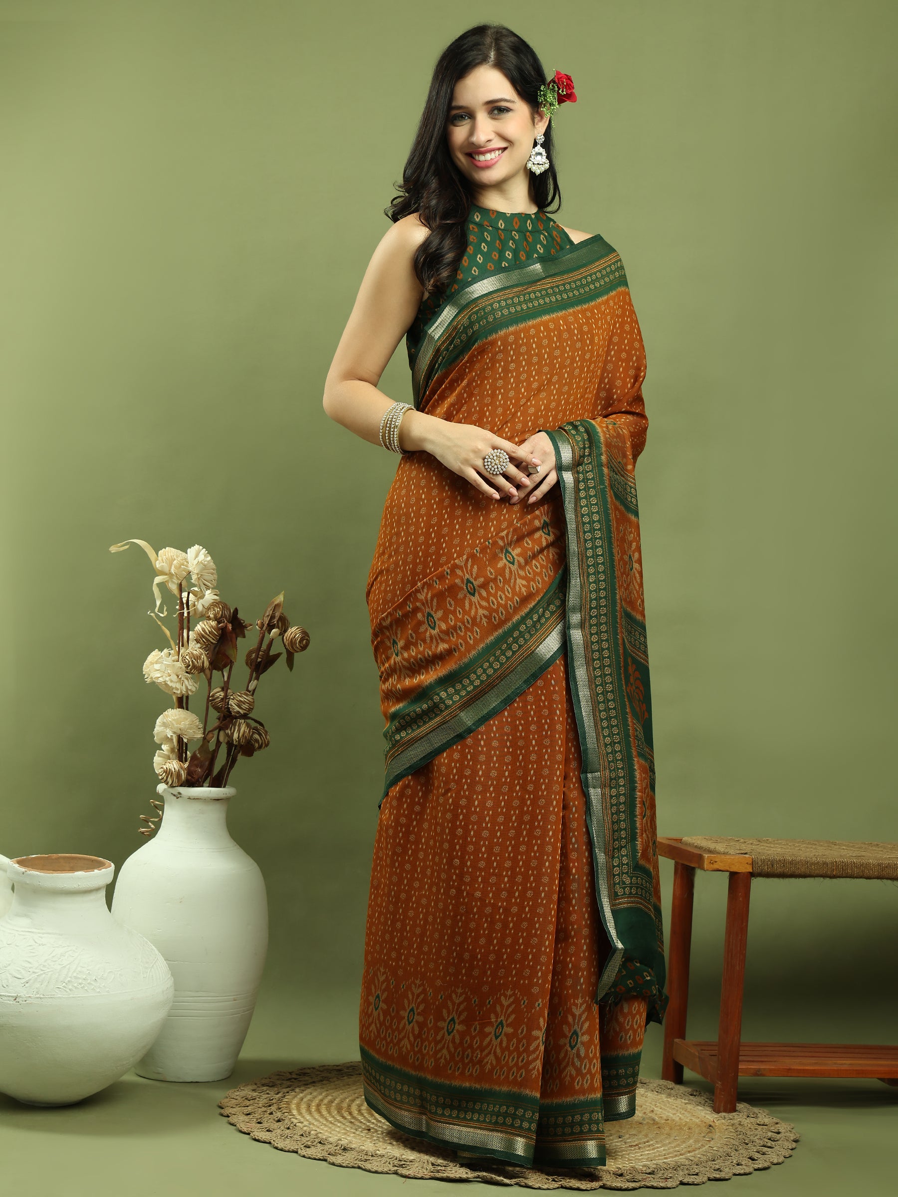Jyoti Fashion Women's Mustard Silk Blend Ikat Floral Print with Jari Border Saree with Blouse - Distacart