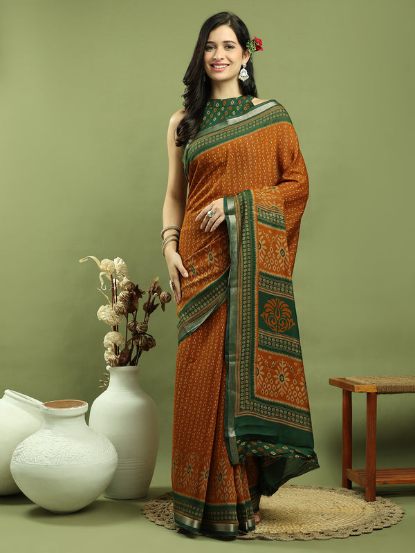 Jyoti Fashion Women's Mustard Silk Blend Ikat Floral Print with Jari Border Saree with Blouse - Distacart