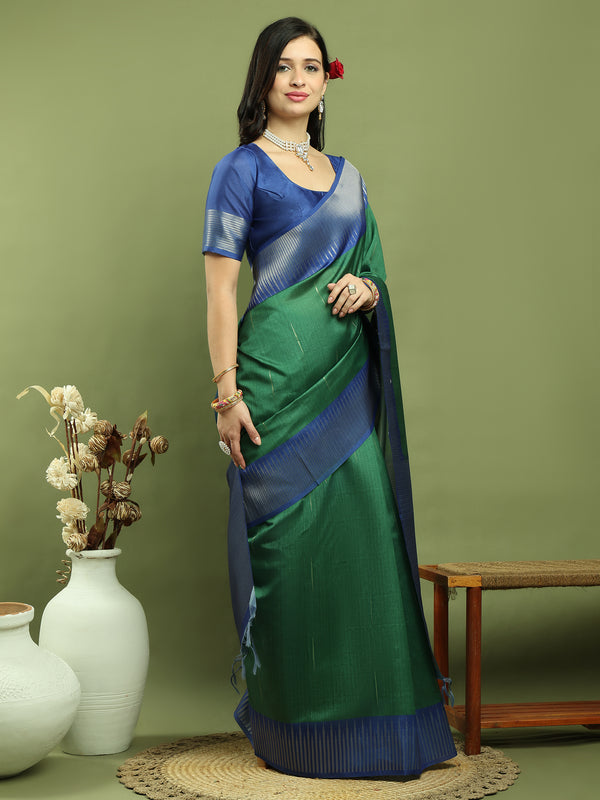 Jyoti Fashion Women's Green Silk Blend Ikat Jari Weaving Pattern with Jari Border Saree with Blouse - Distacart