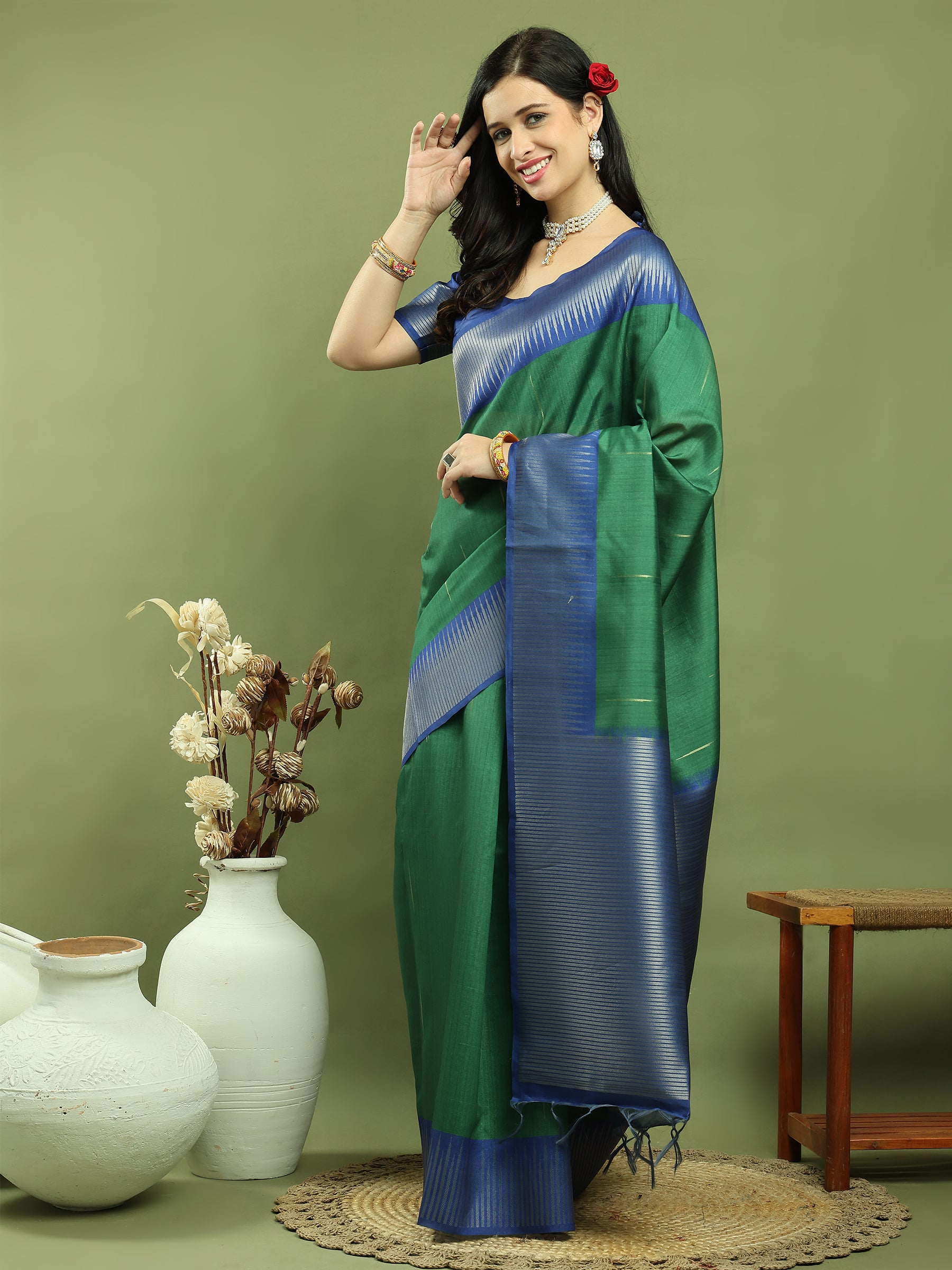 Jyoti Fashion Women's Green Silk Blend Ikat Jari Weaving Pattern with Jari Border Saree with Blouse - Distacart