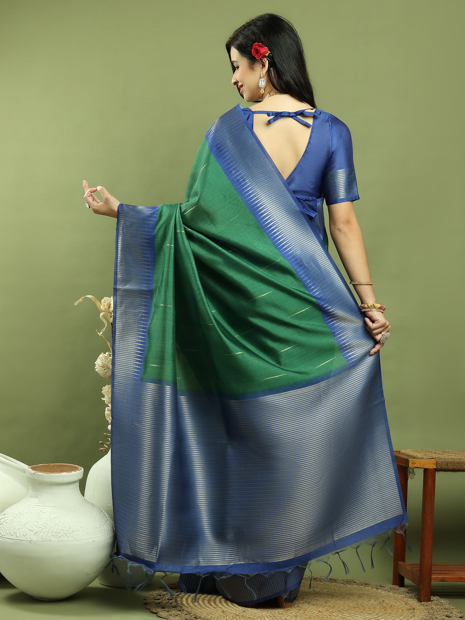 Jyoti Fashion Women's Green Silk Blend Ikat Jari Weaving Pattern with Jari Border Saree with Blouse - Distacart