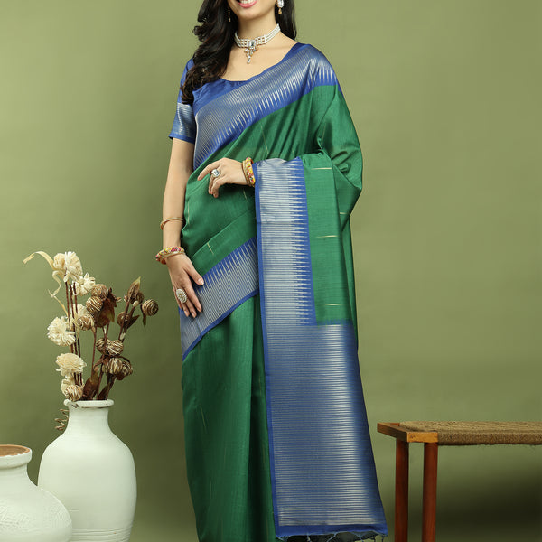Jyoti Fashion Women's Green Silk Blend Ikat Jari Weaving Pattern with Jari Border Saree with Blouse - Distacart