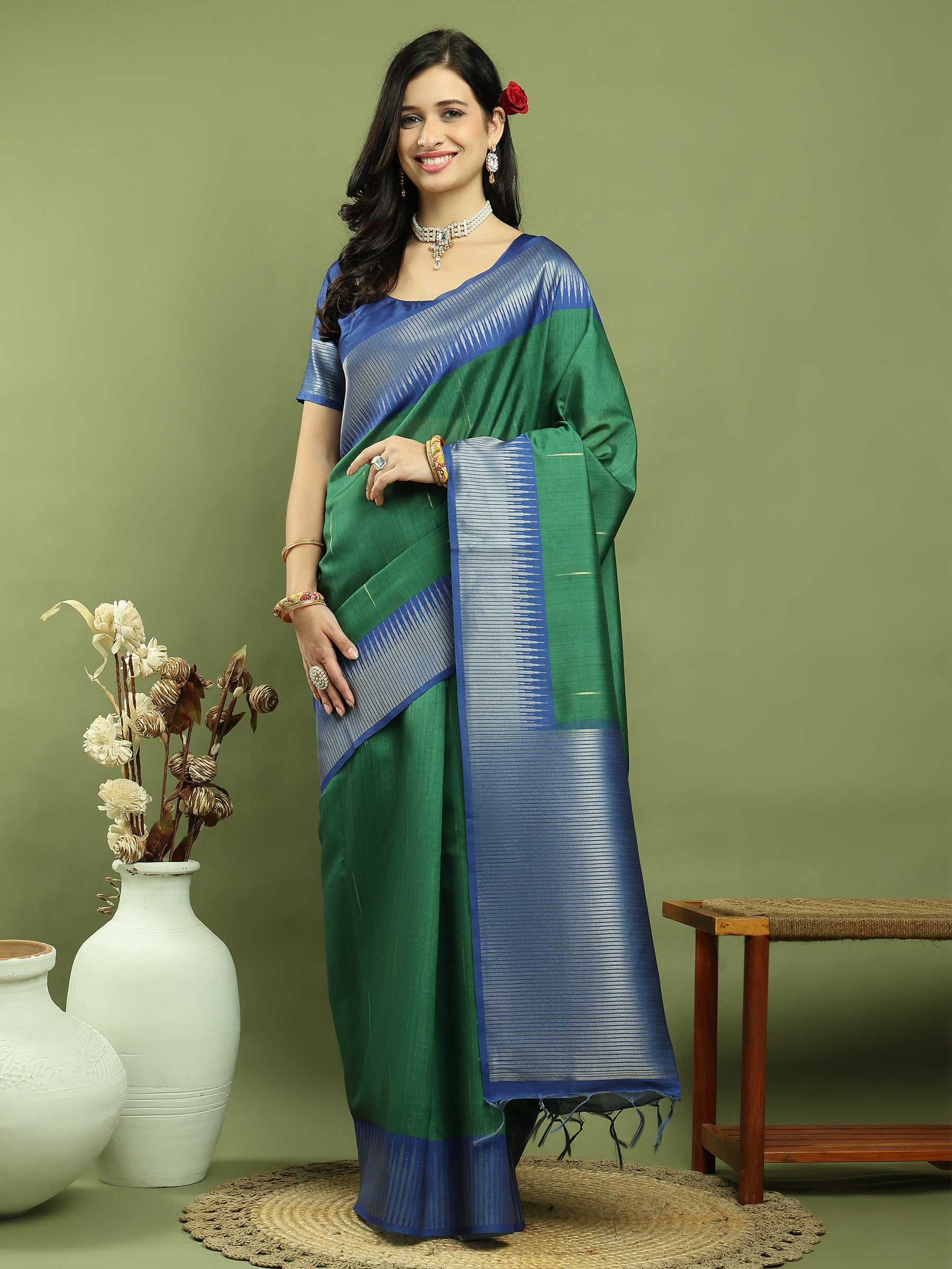 Jyoti Fashion Women's Green Silk Blend Ikat Jari Weaving Pattern with Jari Border Saree with Blouse - Distacart