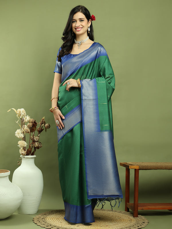 Jyoti Fashion Women's Green Silk Blend Ikat Jari Weaving Pattern with Jari Border Saree with Blouse - Distacart