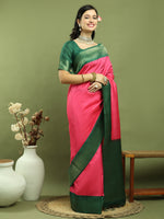 Thumbnail for Jyoti Fashion Women's Pink Silk Blend Ikat Jari Weaving Pattern with Jari Border Saree with Blouse - Distacart