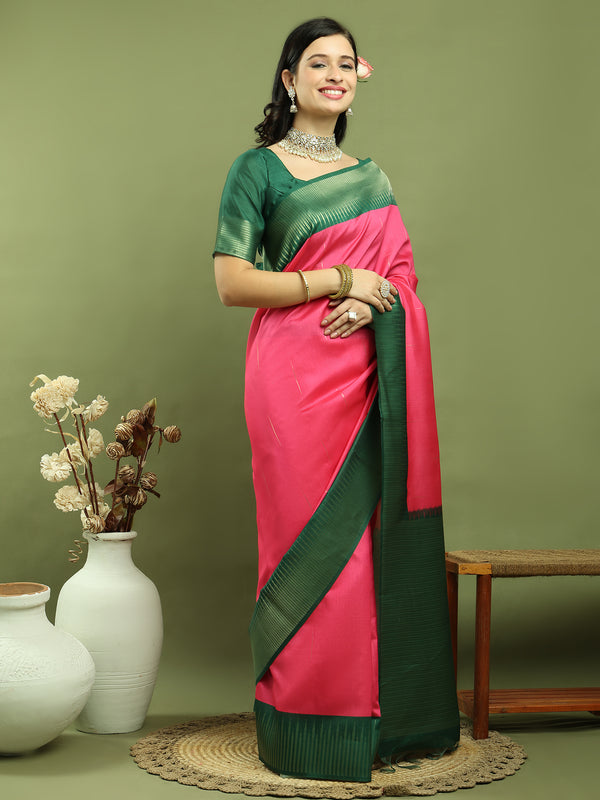 Jyoti Fashion Women's Pink Silk Blend Ikat Jari Weaving Pattern with Jari Border Saree with Blouse - Distacart