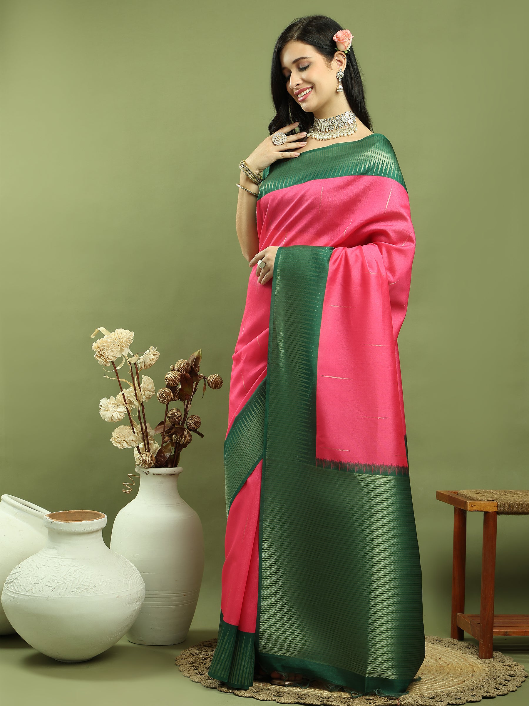 Jyoti Fashion Women's Pink Silk Blend Ikat Jari Weaving Pattern with Jari Border Saree with Blouse - Distacart