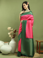 Thumbnail for Jyoti Fashion Women's Pink Silk Blend Ikat Jari Weaving Pattern with Jari Border Saree with Blouse - Distacart