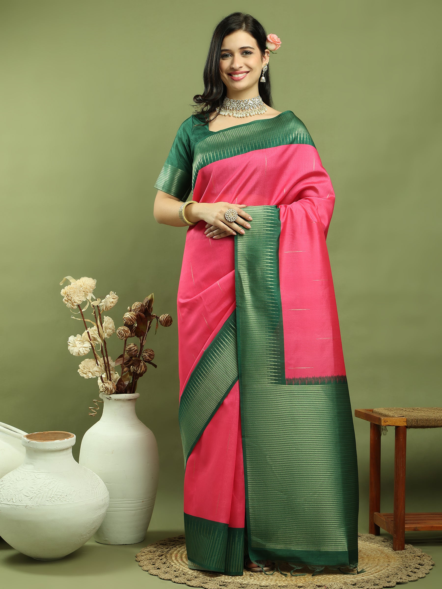 Jyoti Fashion Women's Pink Silk Blend Ikat Jari Weaving Pattern with Jari Border Saree with Blouse - Distacart