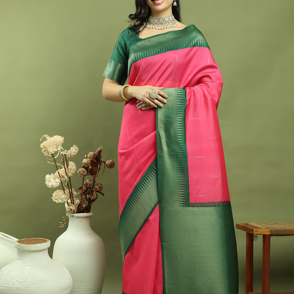 Jyoti Fashion Women's Pink Silk Blend Ikat Jari Weaving Pattern with Jari Border Saree with Blouse - Distacart