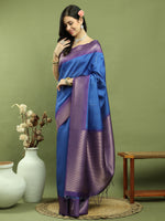 Thumbnail for Jyoti Fashion Women's Blue Silk Blend Ikat Jari Weaving Pattern with Jari Border Saree with Blouse - Distacart