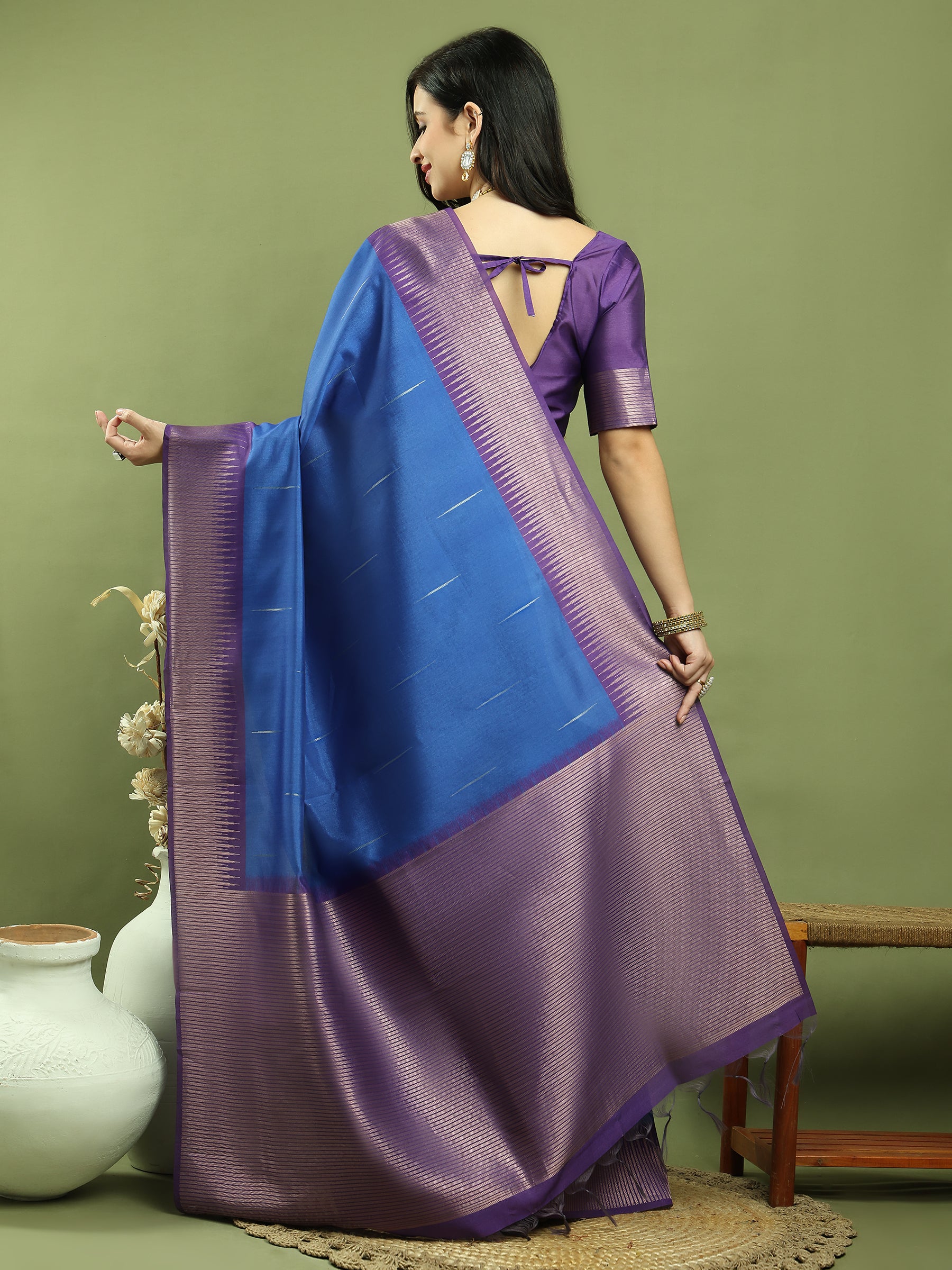 Jyoti Fashion Women's Blue Silk Blend Ikat Jari Weaving Pattern with Jari Border Saree with Blouse - Distacart