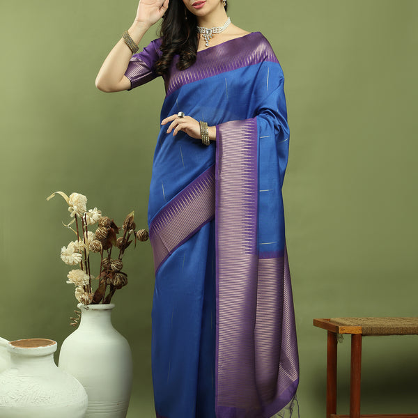 Jyoti Fashion Women's Blue Silk Blend Ikat Jari Weaving Pattern with Jari Border Saree with Blouse - Distacart