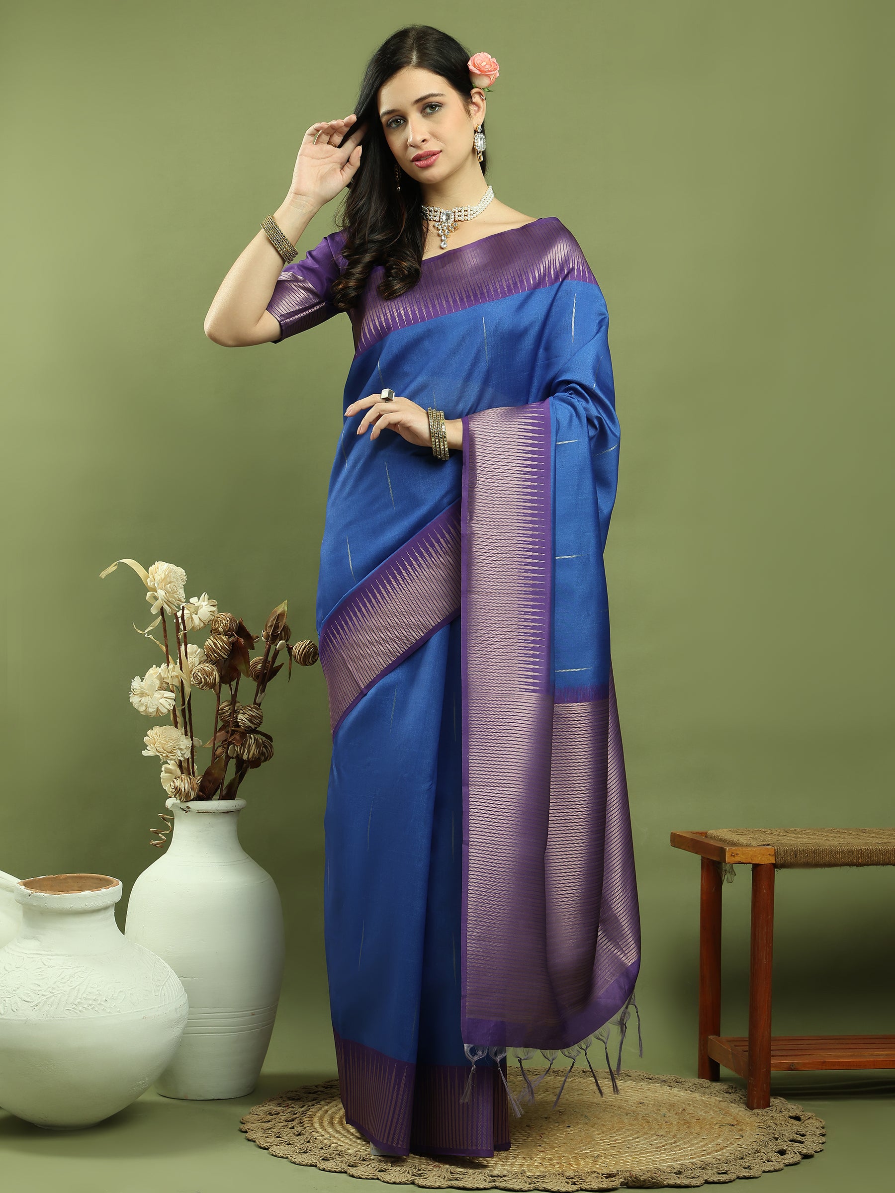 Jyoti Fashion Women's Blue Silk Blend Ikat Jari Weaving Pattern with Jari Border Saree with Blouse - Distacart