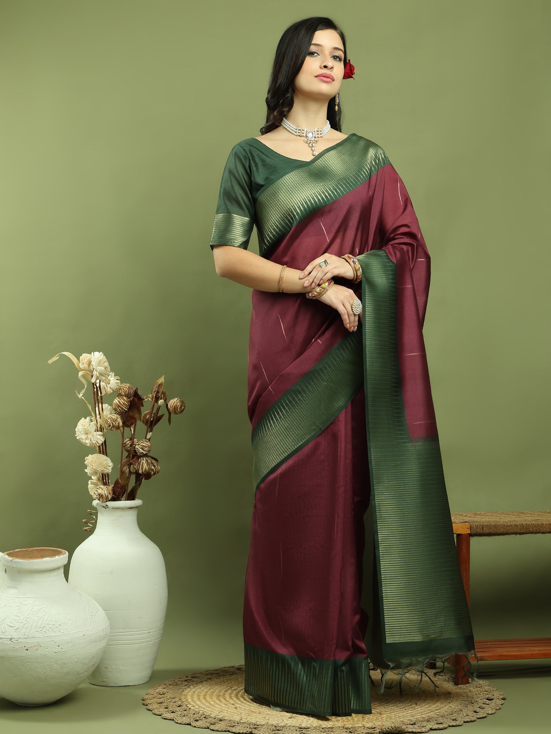 Jyoti Fashion Women's Burgundy Silk Blend Ikat Jari Weaving Pattern with Jari Border Saree with Blouse - Distacart