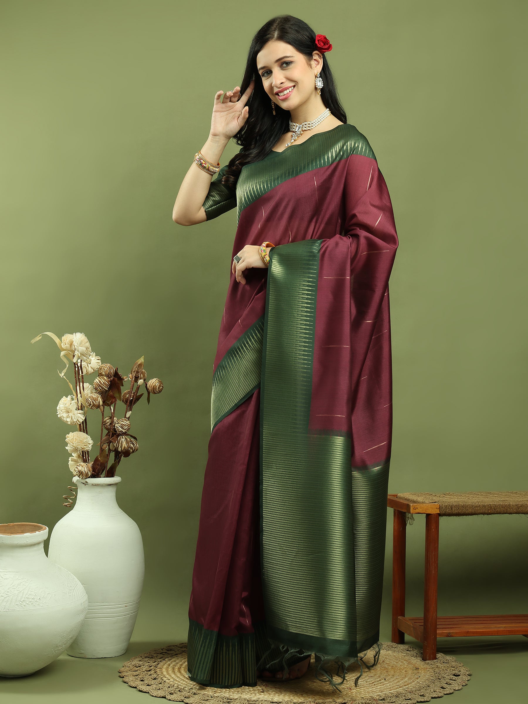 Jyoti Fashion Women's Burgundy Silk Blend Ikat Jari Weaving Pattern with Jari Border Saree with Blouse - Distacart
