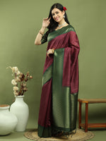 Thumbnail for Jyoti Fashion Women's Burgundy Silk Blend Ikat Jari Weaving Pattern with Jari Border Saree with Blouse - Distacart