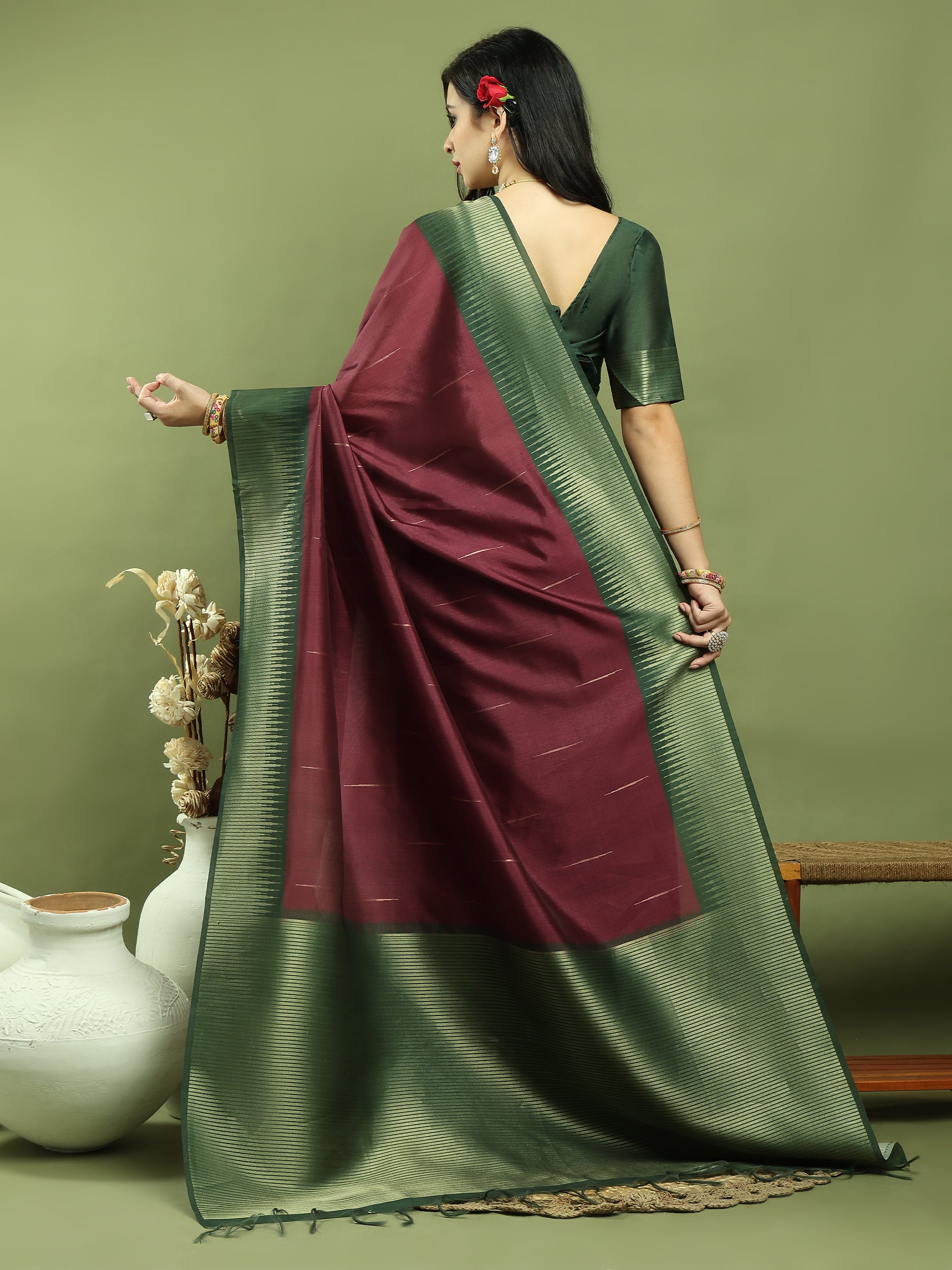 Jyoti Fashion Women's Burgundy Silk Blend Ikat Jari Weaving Pattern with Jari Border Saree with Blouse - Distacart