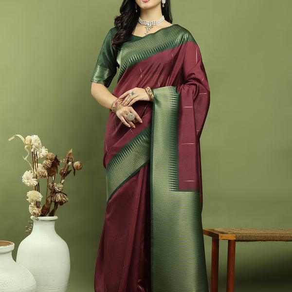 Jyoti Fashion Women's Burgundy Silk Blend Ikat Jari Weaving Pattern with Jari Border Saree with Blouse - Distacart