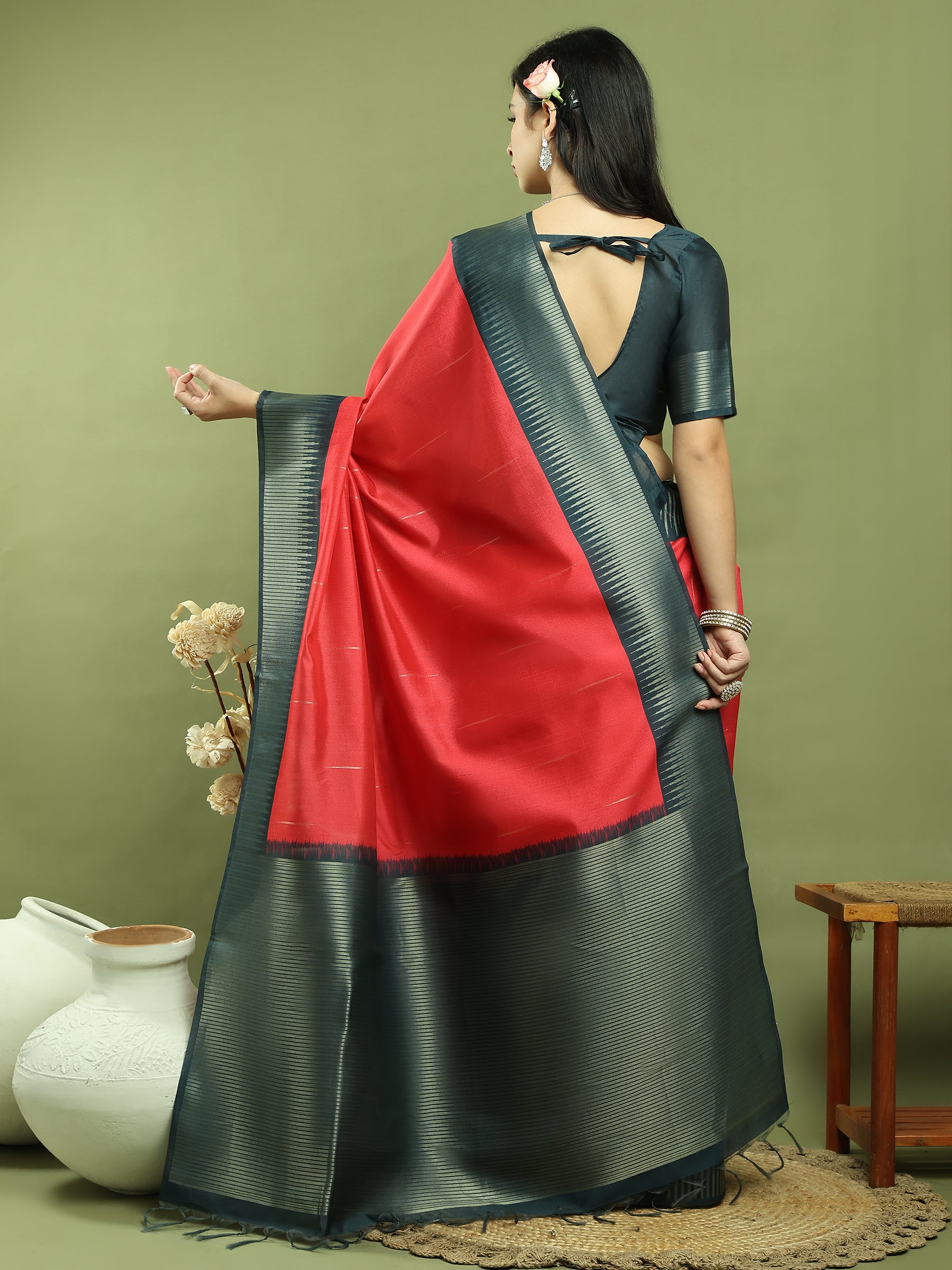 Jyoti Fashion Women's Red Silk Blend Ikat Jari Weaving Pattern with Jari Border Saree with Blouse - Distacart