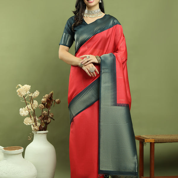 Jyoti Fashion Women's Red Silk Blend Ikat Jari Weaving Pattern with Jari Border Saree with Blouse - Distacart