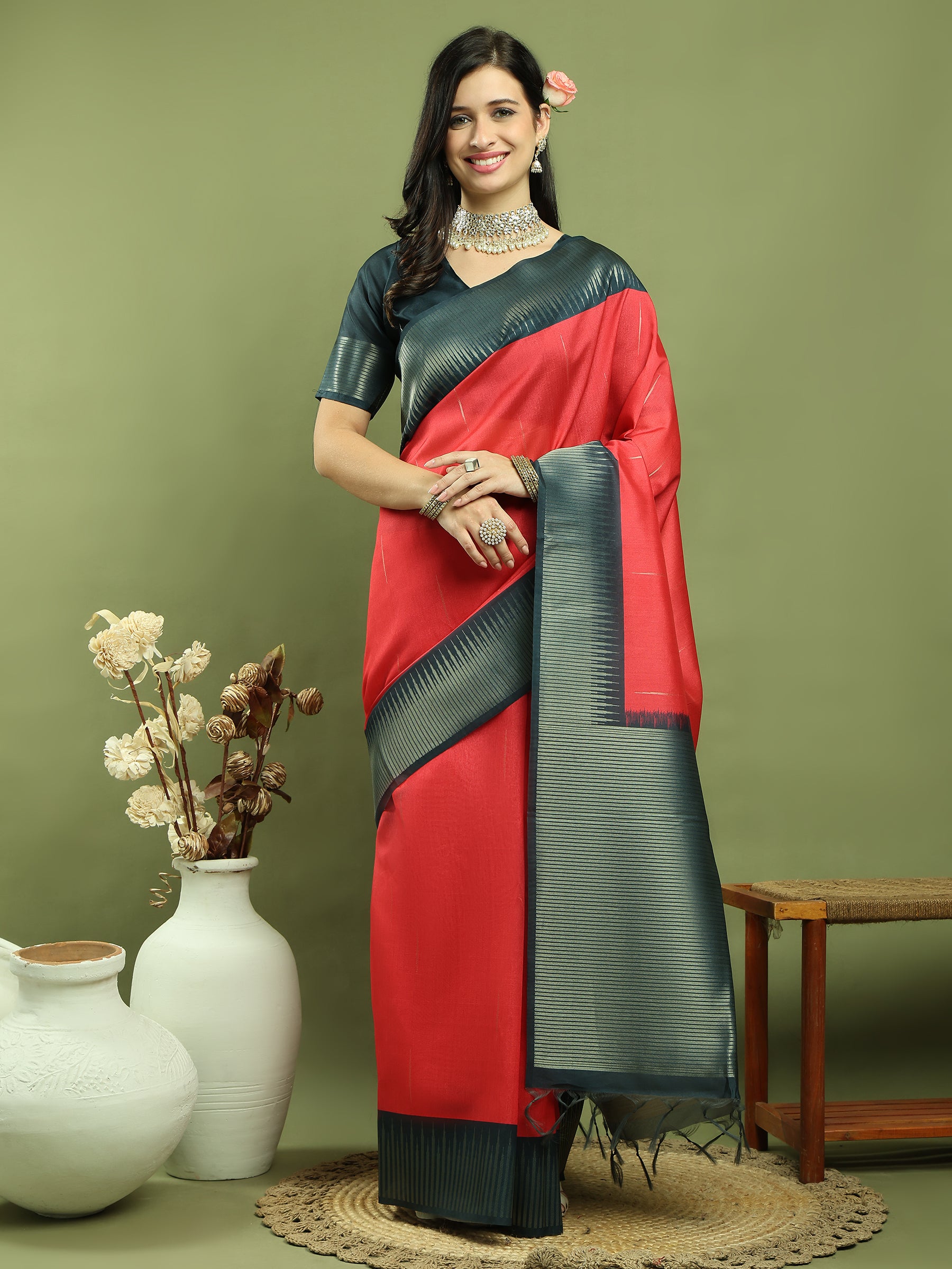 Jyoti Fashion Women's Red Silk Blend Ikat Jari Weaving Pattern with Jari Border Saree with Blouse - Distacart