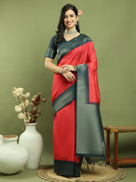 Jyoti Fashion Women's Red Silk Blend Ikat Jari Weaving Pattern with Jari Border Saree with Blouse - Distacart