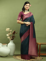 Thumbnail for Jyoti Fashion Women's Teal Silk Blend Ikat Jari Weaving Pattern with Jari Border Saree with Blouse - Distacart