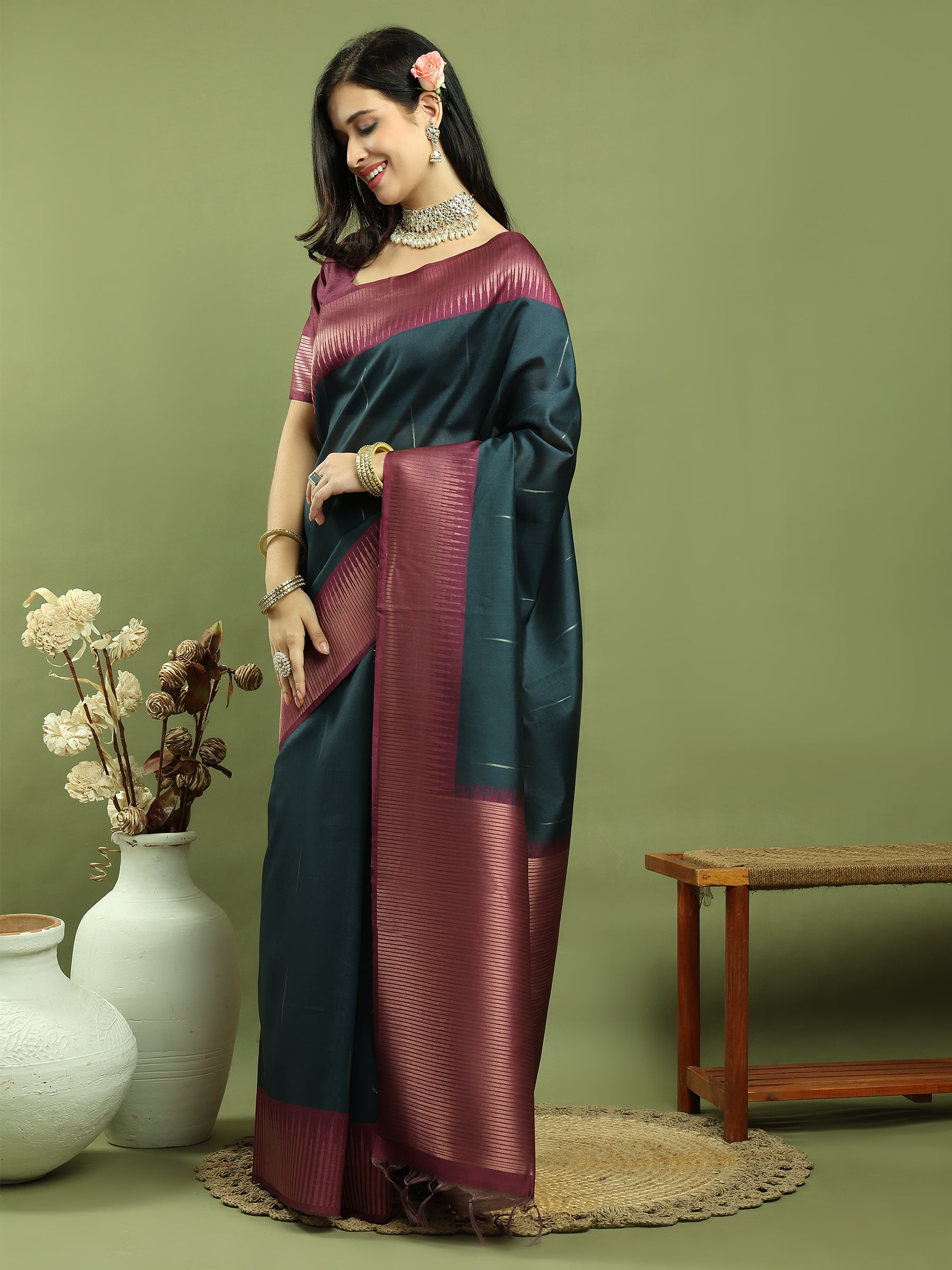 Jyoti Fashion Women's Teal Silk Blend Ikat Jari Weaving Pattern with Jari Border Saree with Blouse - Distacart