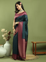 Thumbnail for Jyoti Fashion Women's Teal Silk Blend Ikat Jari Weaving Pattern with Jari Border Saree with Blouse - Distacart