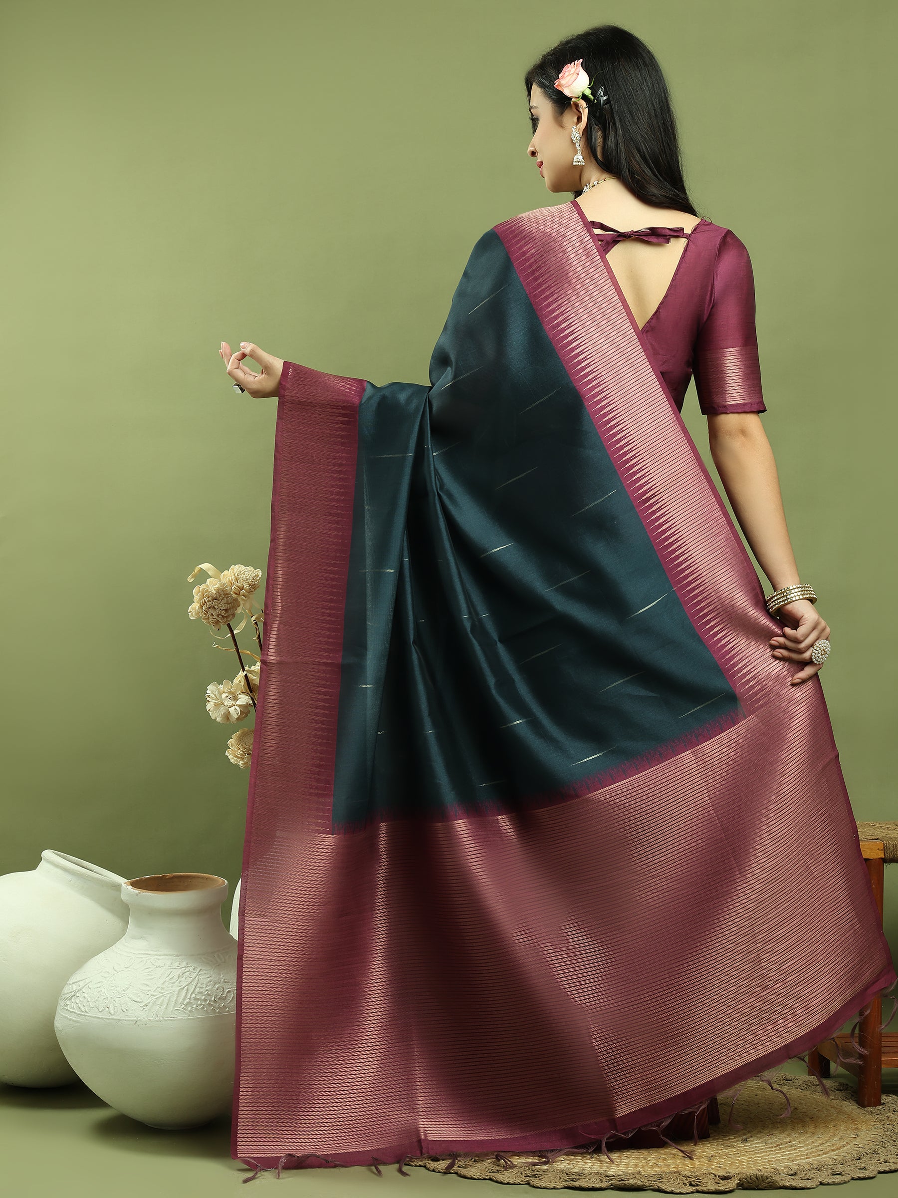 Jyoti Fashion Women's Teal Silk Blend Ikat Jari Weaving Pattern with Jari Border Saree with Blouse - Distacart