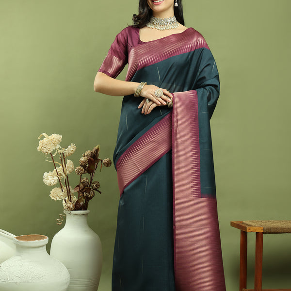 Jyoti Fashion Women's Teal Silk Blend Ikat Jari Weaving Pattern with Jari Border Saree with Blouse - Distacart
