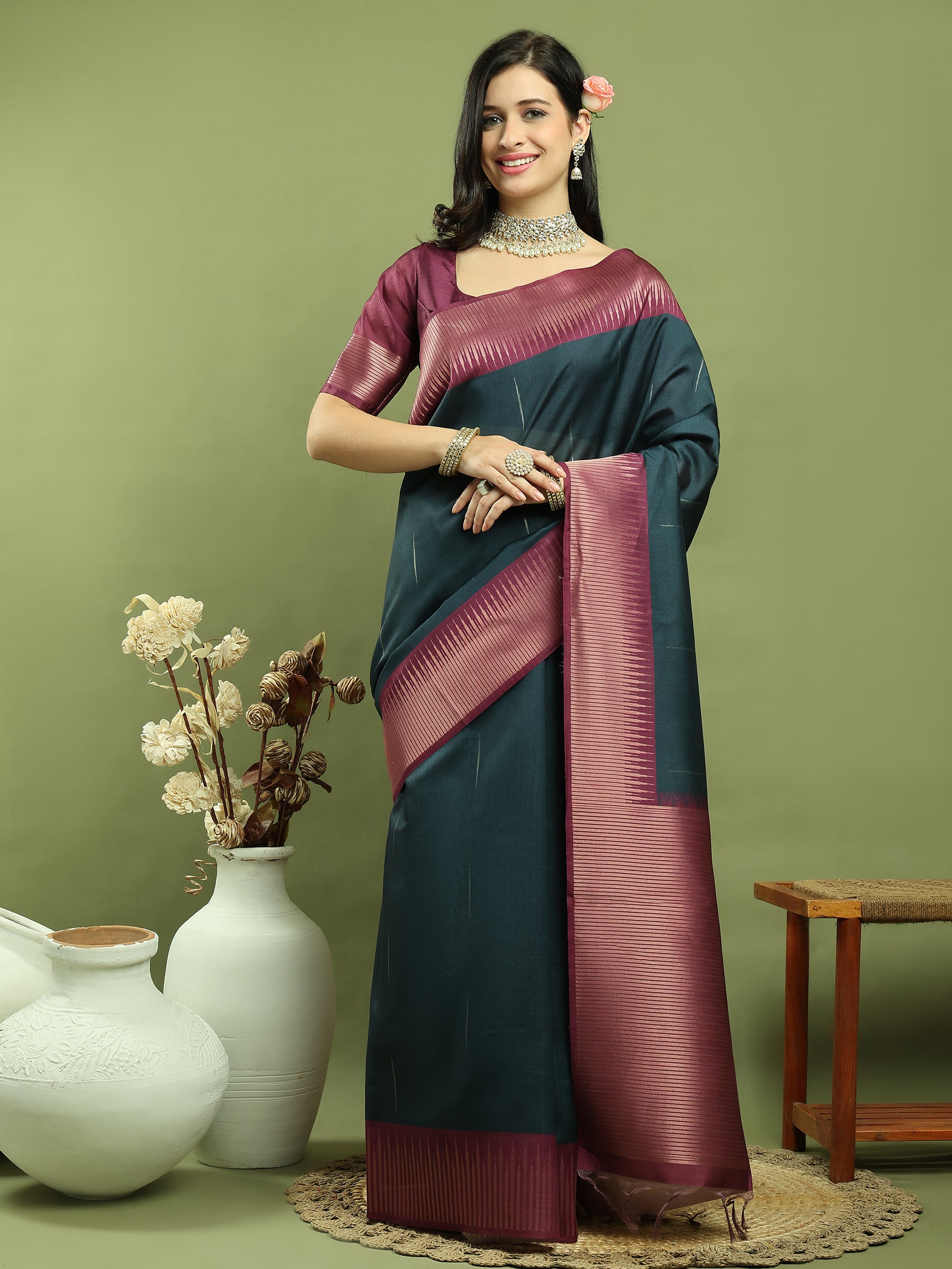 Jyoti Fashion Women's Teal Silk Blend Ikat Jari Weaving Pattern with Jari Border Saree with Blouse - Distacart
