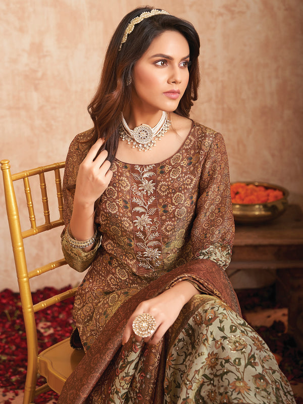 Jyoti Fashion Women's Brown Pure Tissue Shimmer Floral Digital Print With Zardoshi Hand Work Salwar Suit Set - Distacart