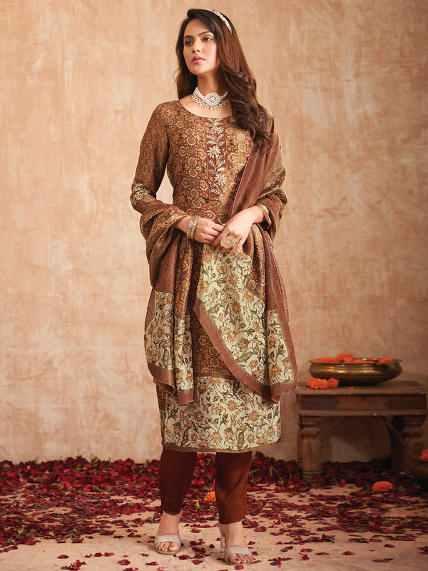 Jyoti Fashion Women's Brown Pure Tissue Shimmer Floral Digital Print With Zardoshi Hand Work Salwar Suit Set - Distacart