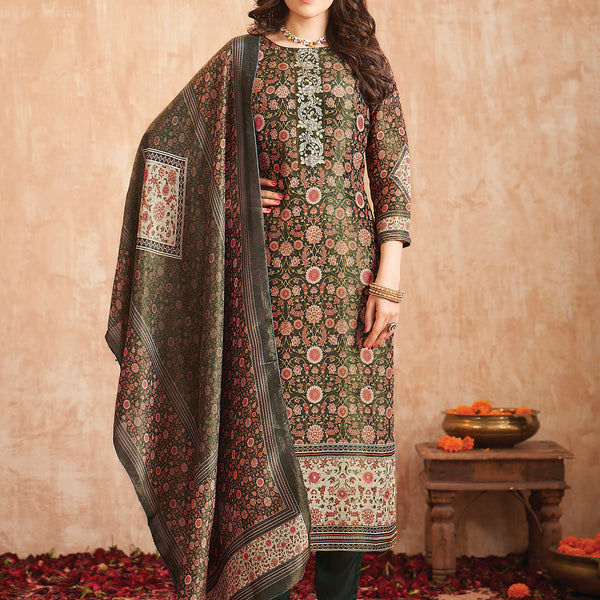 Jyoti Fashion Women's Green Pure Tissue Shimmer Floral Digital Print With Zardoshi Hand Work Salwar Suit Set - Distacart