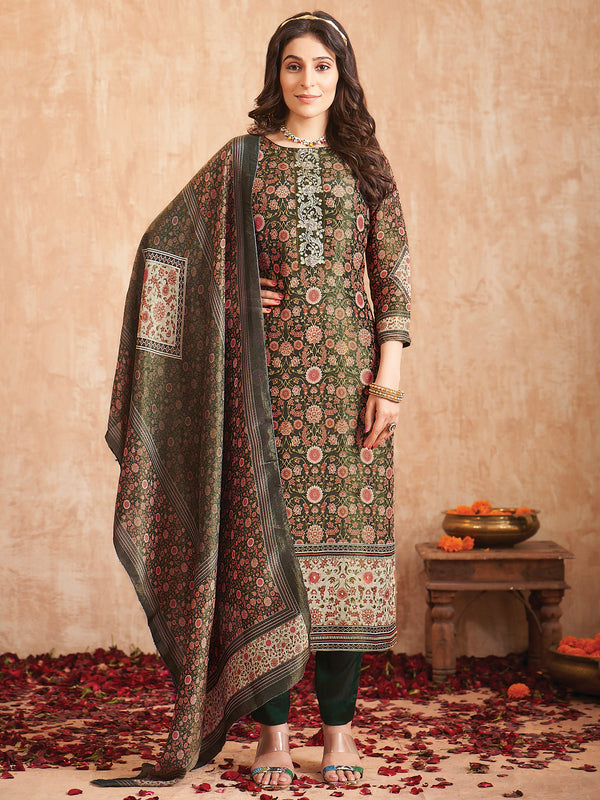 Jyoti Fashion Women's Green Pure Tissue Shimmer Floral Digital Print With Zardoshi Hand Work Salwar Suit Set - Distacart