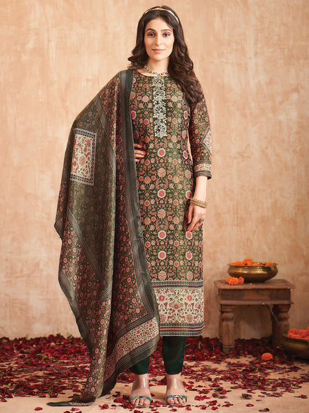 Jyoti Fashion Women's Green Pure Tissue Shimmer Floral Digital Print With Zardoshi Hand Work Salwar Suit Set - Distacart