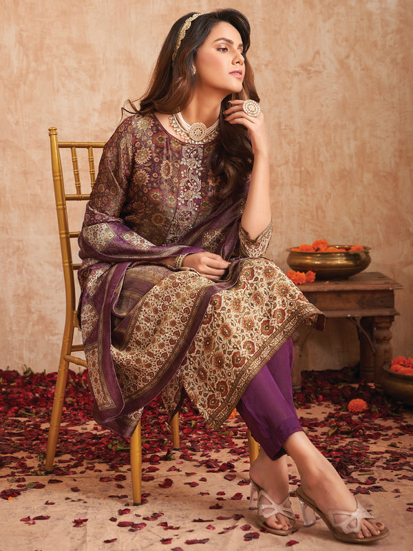 Jyoti Fashion Women's Purple Pure Tissue Shimmer Floral Digital Print With Zardoshi Hand Work Salwar Suit Set - Distacart