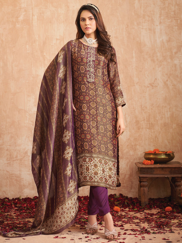 Jyoti Fashion Women's Purple Pure Tissue Shimmer Floral Digital Print With Zardoshi Hand Work Salwar Suit Set - Distacart