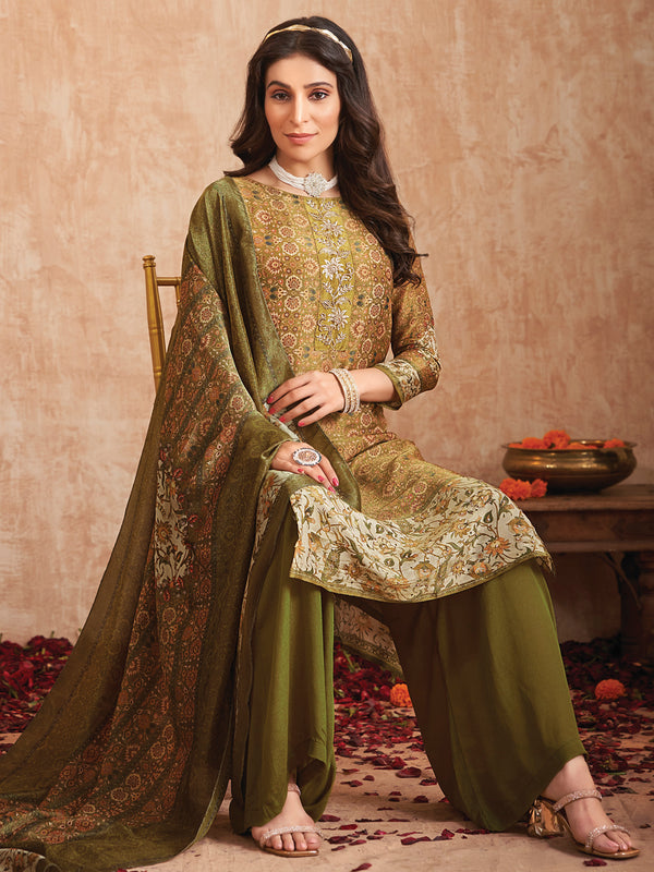 Jyoti Fashion Women's Olive Green Pure Tissue Shimmer Floral Digital Print With Zardoshi Hand Work Salwar Suit Set - Distacart