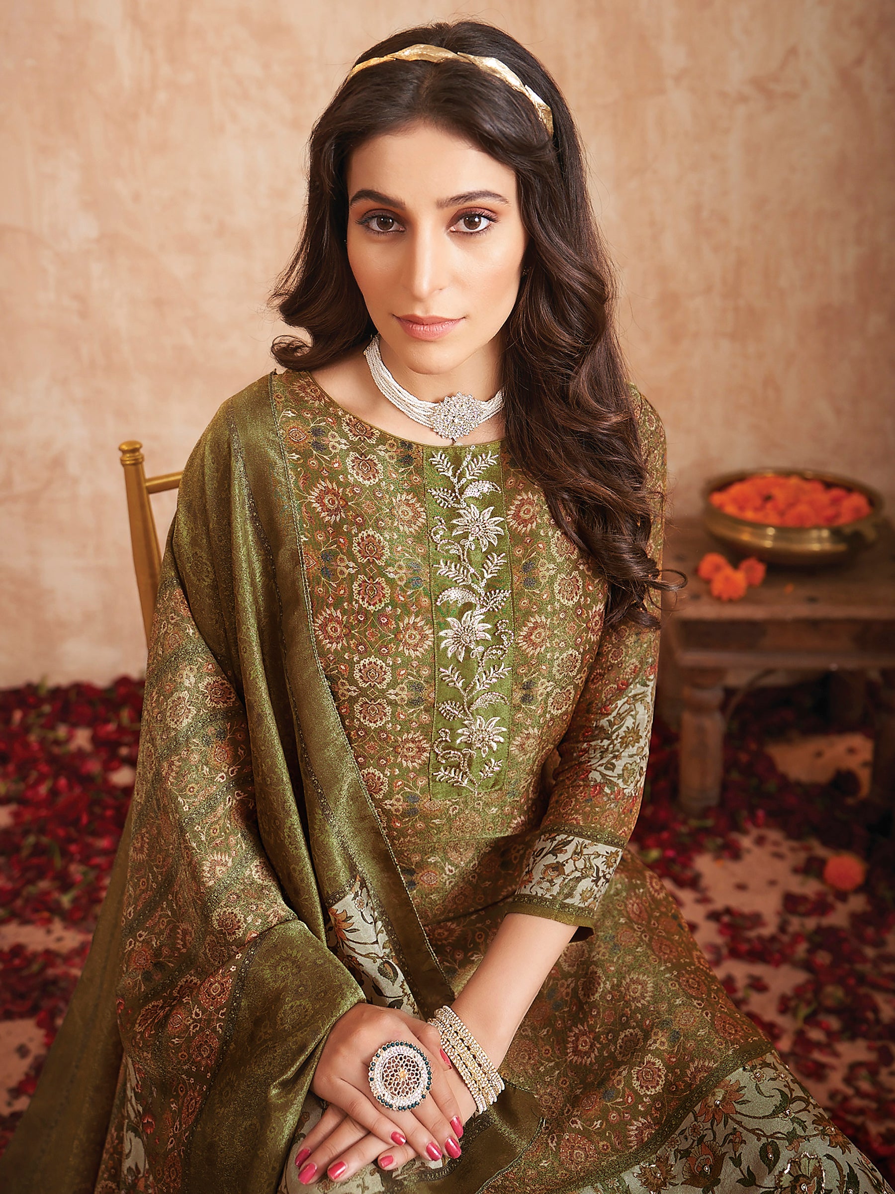 Jyoti Fashion Women's Olive Green Pure Tissue Shimmer Floral Digital Print With Zardoshi Hand Work Salwar Suit Set - Distacart
