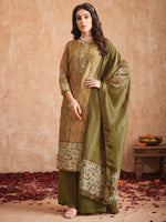 Thumbnail for Jyoti Fashion Women's Olive Green Pure Tissue Shimmer Floral Digital Print With Zardoshi Hand Work Salwar Suit Set - Distacart