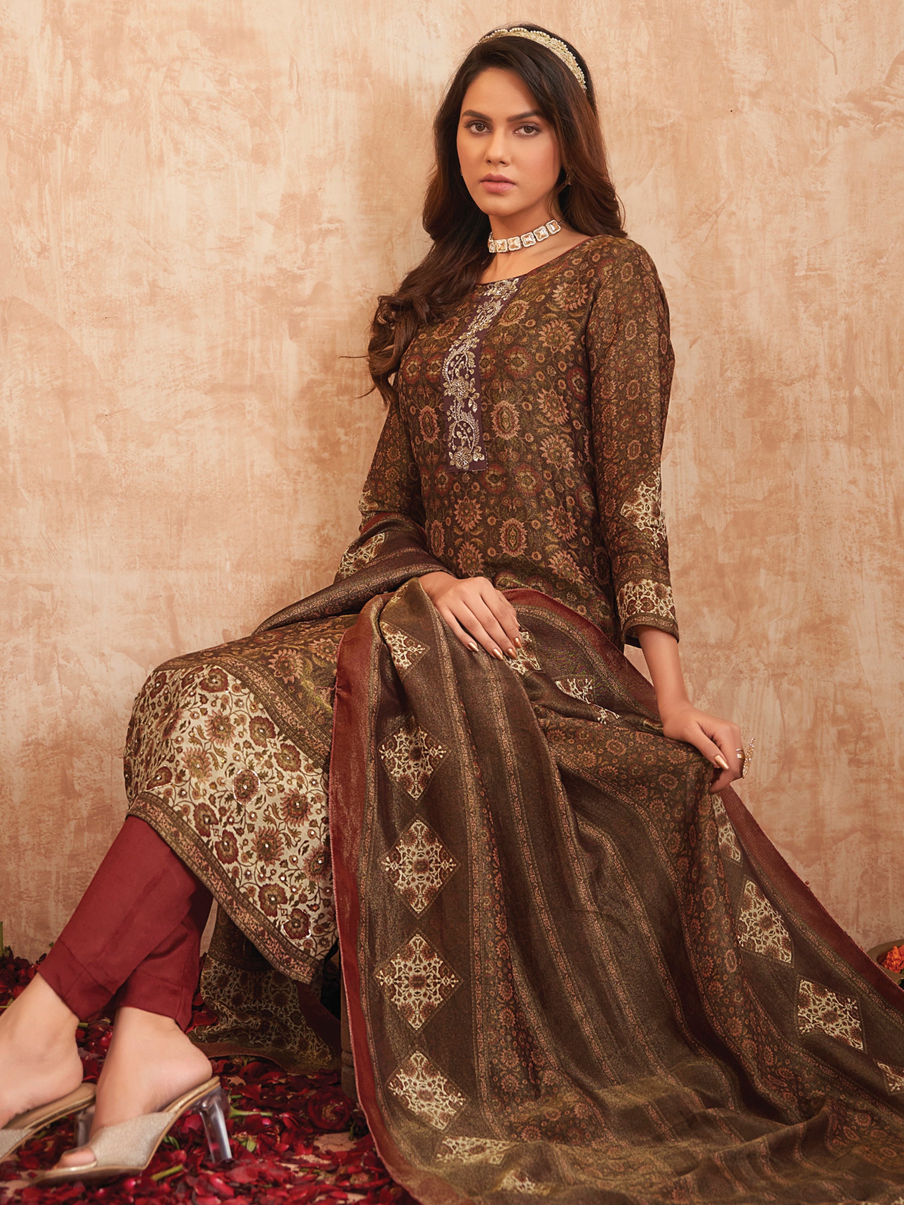 Jyoti Fashion Women's Gold Pure Tissue Shimmer Floral Digital Print With Zardoshi Hand Work Salwar Suit Set - Distacart